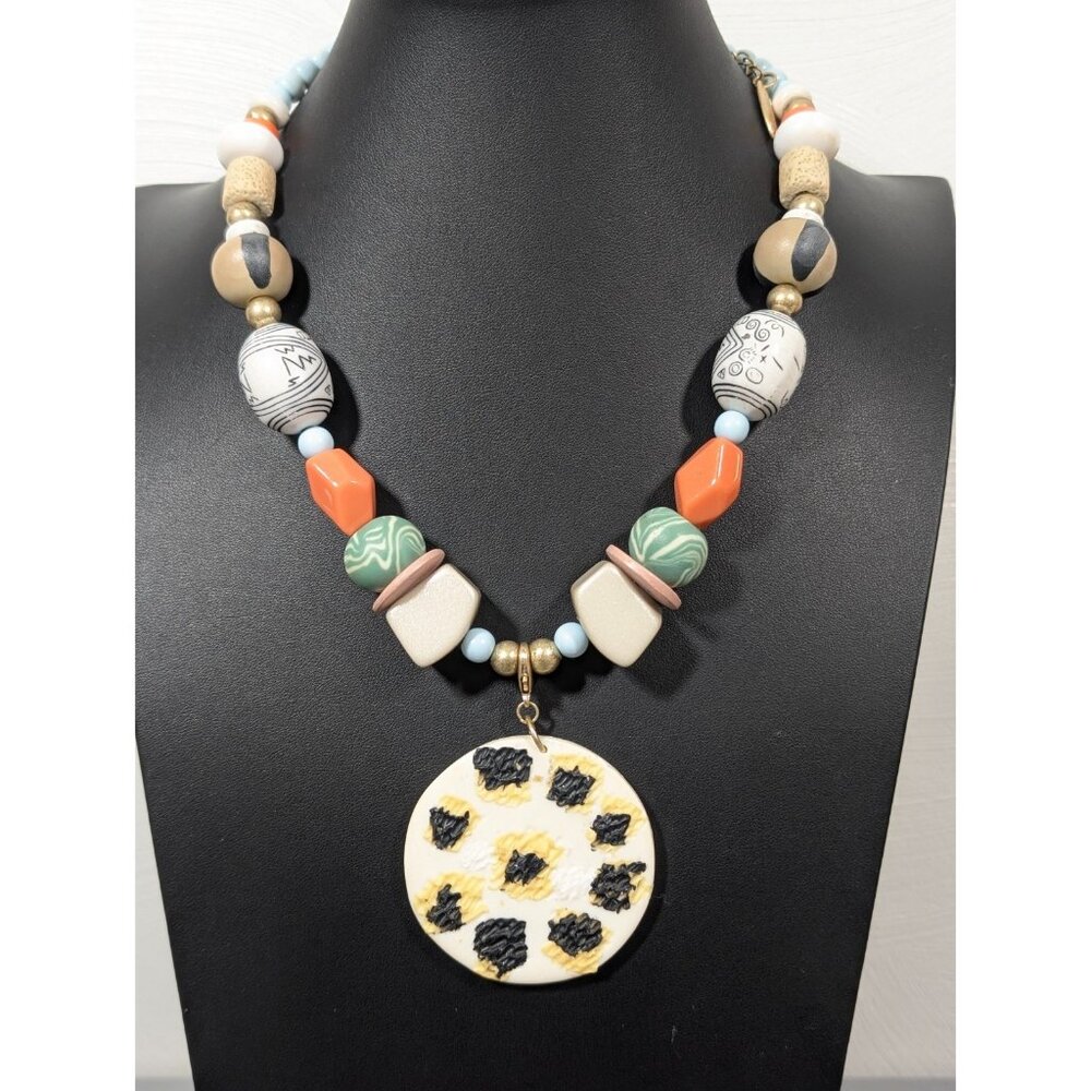 Plunder Blue Orange Necklace Chunky Tribal Boho Statement Pendant 23 in‎
